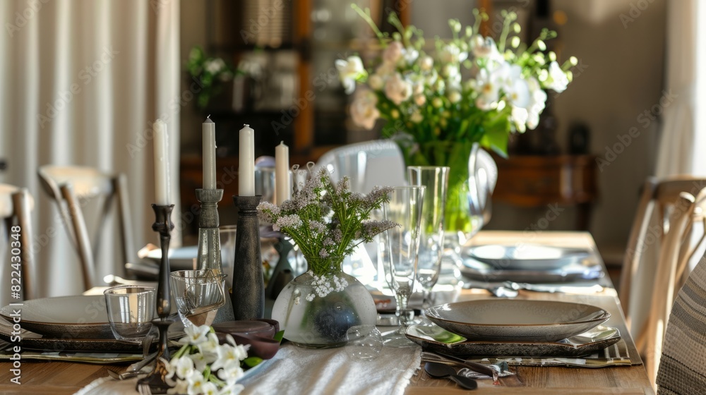 decorative elements on the dining table, such as vases with fresh flowers, candles or ceramic bowls generative ai