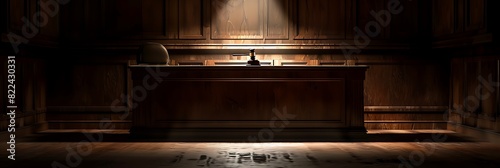 Empty judge's bench, The judge's gavel rests on the empty bench, illuminated by a single spotlight, creating a powerful image of justice. photo