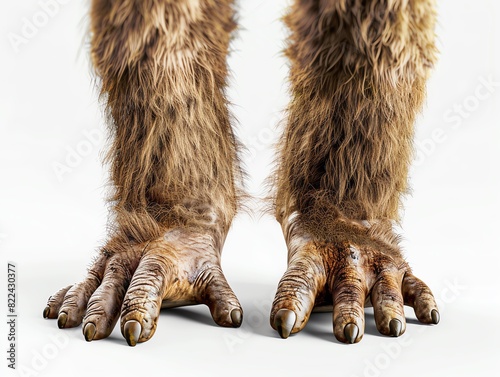 A photorealistic birds-eye view of Bigfoot, detailed fur texture, standing on an isolate white background, high-resolution image for stock photo use