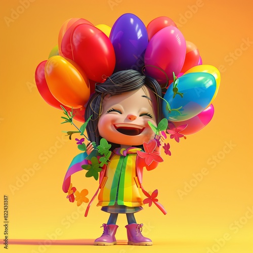 Joyful 3D female character holding a rainbow-colored bouquet, celebrating pride