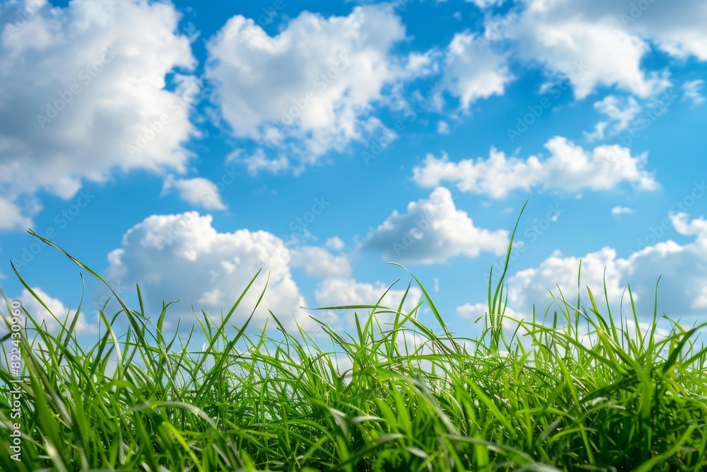 Lush green grass and clear blue sky dotted with clouds. Scenic natural backdrop. Ample space for text Lush green grass and clear blue sky dotted with clouds. Scenic natural backdrop. Ample space for text