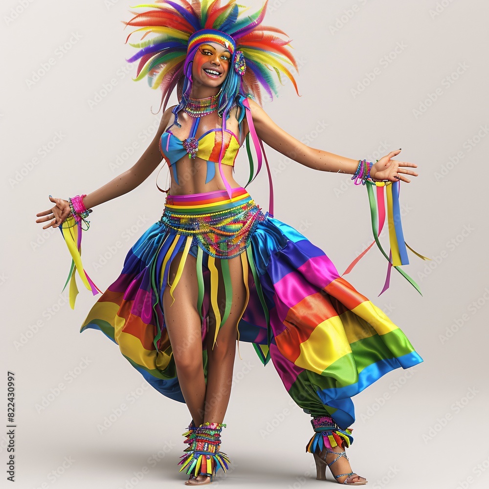Fototapeta premium 3D female character in a colorful pride parade outfit, posing joyfully