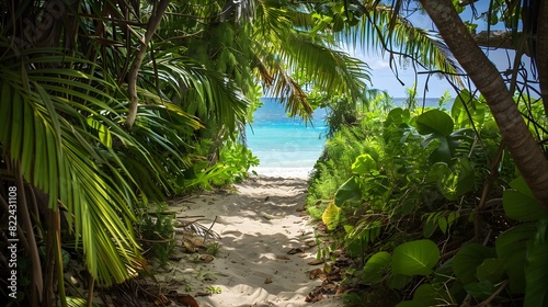 Sandy path leading to a tranquil  turquoise beach framed by lush green tropical plants