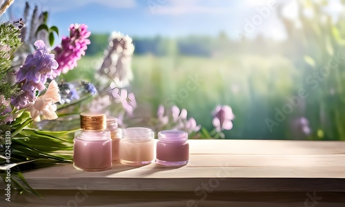 Product display on a natural wood podium central to a dreamy field of wildflowers varying in shades  Ai Generated