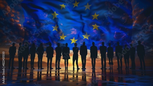 Election in Europe. Silhouettes of people on the background of the flag of the European Union. photo