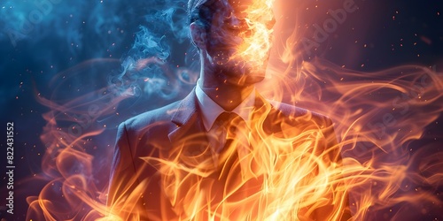 Stressed businessman in suit with burntout body symbolizing wor. Concept Business Stress, Burnout, Mental Health, Work-Life Balance, Business Lifestyle photo