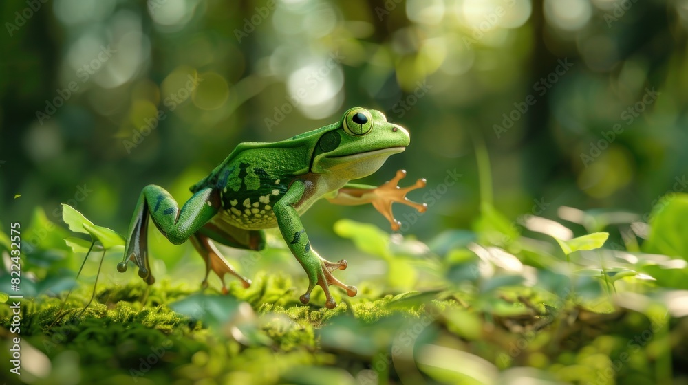 Close up Exotic green frog jumping on forest background Close up Exotic green frog jumping on forest background