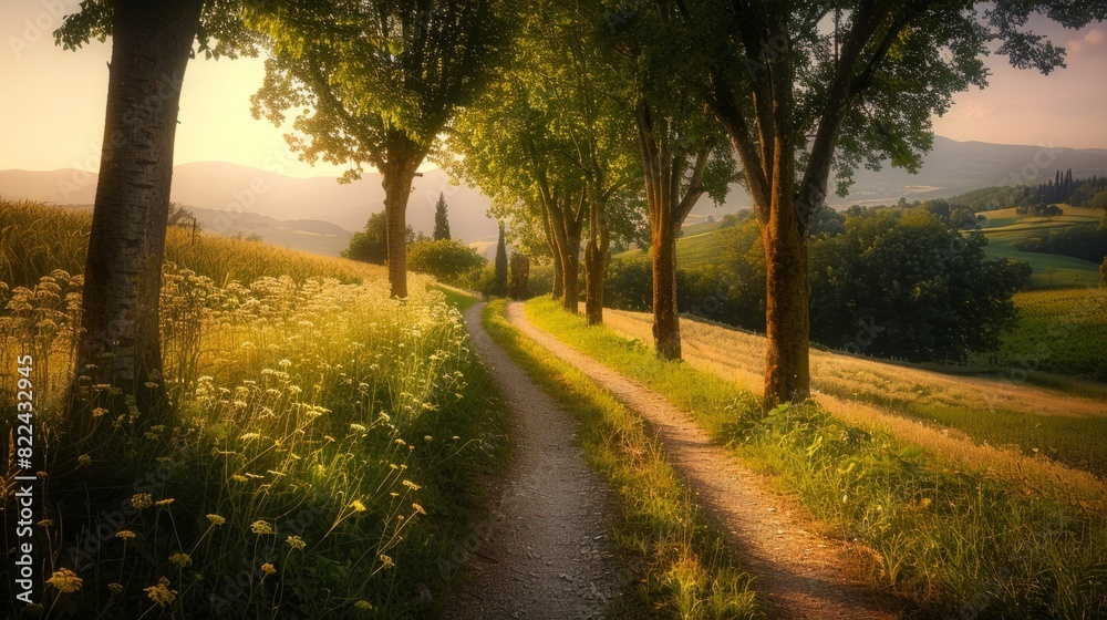 Fototapeta premium leafy trees, fields of flowers or winding paths generative ai