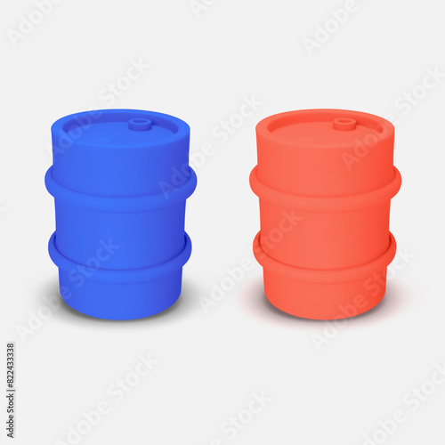 Set of round metal drum, Red, blue barrel, 3D rendering. Vector illustration isolated on white. Steel keg, aluminum cask, tin canister, petroleum storage packaging, fuel container, gasoline tank