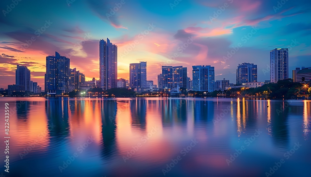 Obraz premium Sunset over the lake with skyscrapers in Bangkok, Thailand
