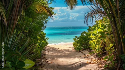 Sandy path leading to a tranquil  turquoise beach framed by lush green tropical plants