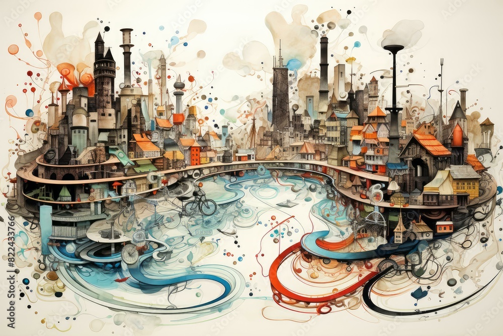 Artistic fantasy city illustration with vibrant colors and playful geometric shapes, ideal for creative backgrounds