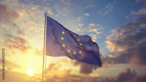 Flag of European Union waving in the breeze against a sunset sky. Banner with EU flag. photo