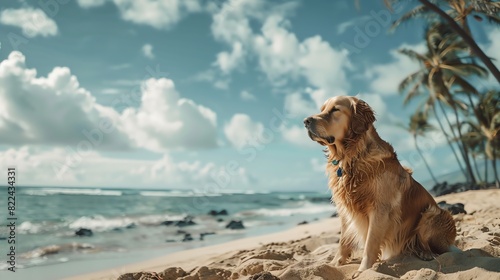 An illustration of a Golden Retriever looking out into the distance on the beach