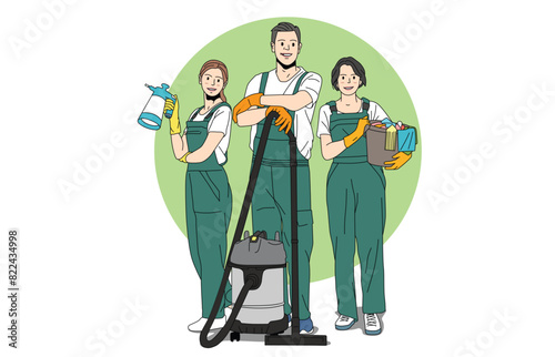Team of janitors with two young women and an adult man with cleaning supplies in the office going ready for work