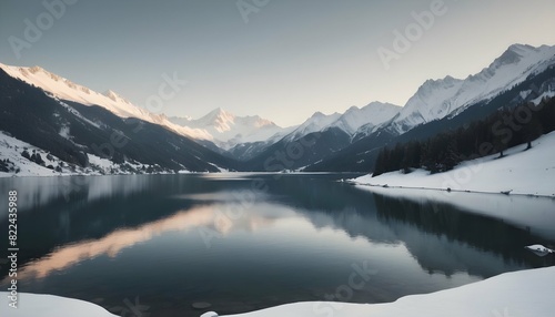 A Serene Alpine Lake Nestled Among Snow Capped Mou
