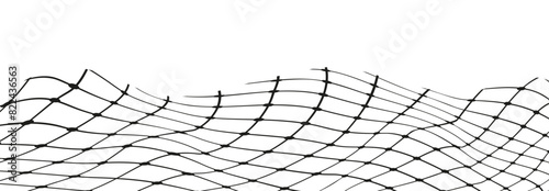 Illustration of a black fishing or football net.Checkered wavy background in doodle style.