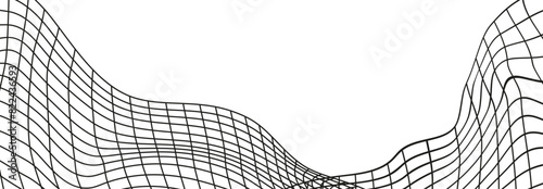 Illustration of a black fishing or football net.Checkered wavy background in doodle style.