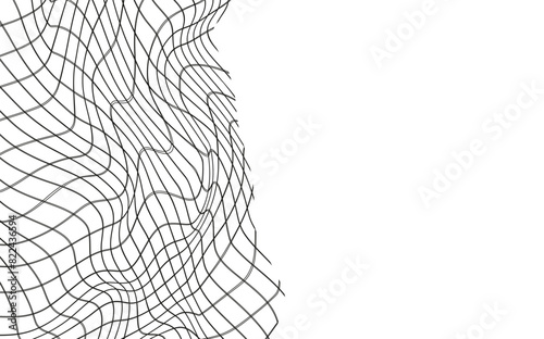 Illustration of a black fishing or football net.Checkered wavy background in doodle style.