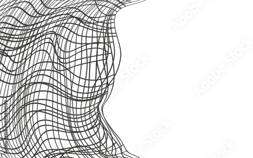 Illustration of a black fishing or football net.Checkered wavy background in doodle style.