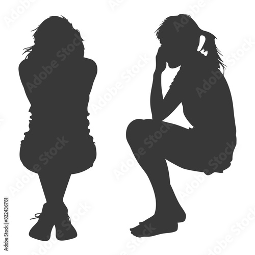 Silhouette sad woman sitting alone depressed sitting black color only