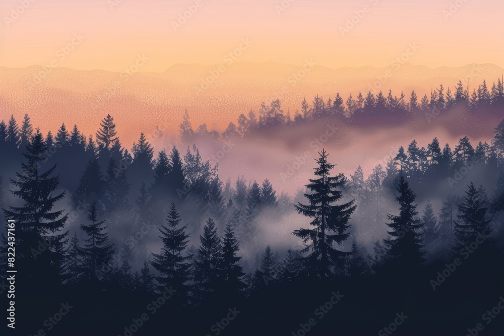 Obraz premium Soothing sunrise scene in enchanted woods with pine tree shadows