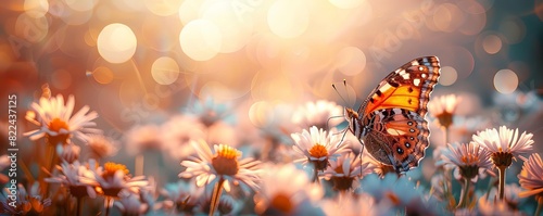Butterfly alights on flower in sunlit meadow, vibrant colors, soft bokeh, room for text, showcasing nature's harmony photo