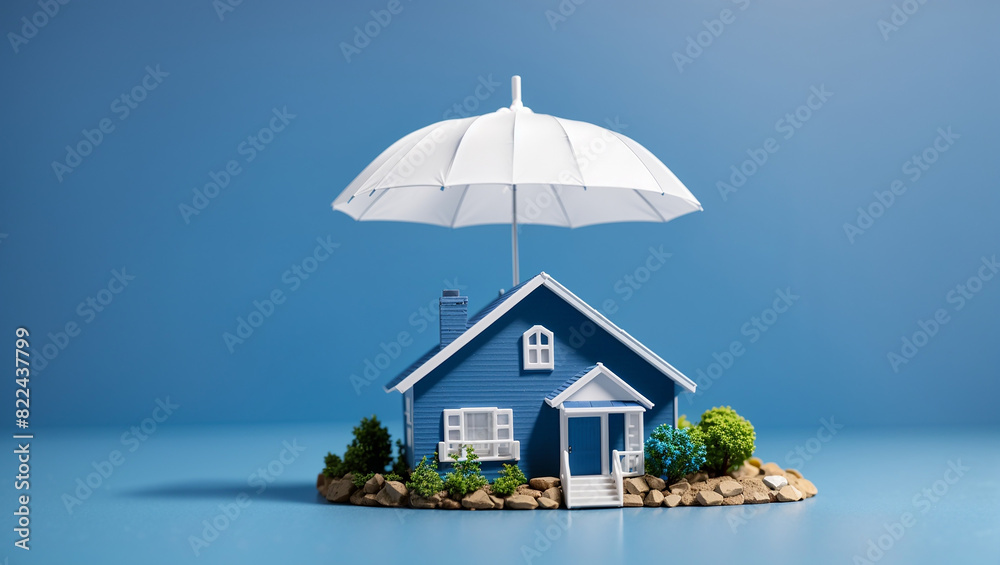 This is a blue house with a yellow car in front of it. There is a white umbrella above the house.

