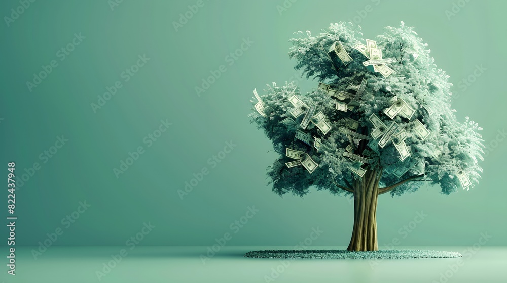 A 3D render of a tree with dollar bills as leaves, growing in a minimalist environment, with plenty of copy space on a solid background A 3D render of a tree with dollar bills as leaves, growing in a minimalist environment, with plenty of copy space on a solid background