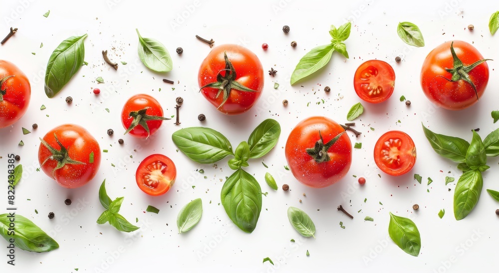 Fresh tomatoes and basil leaves scattered on a white surface, an artistic still life composition Fresh tomatoes and basil leaves scattered on a white surface, an artistic still life composition
