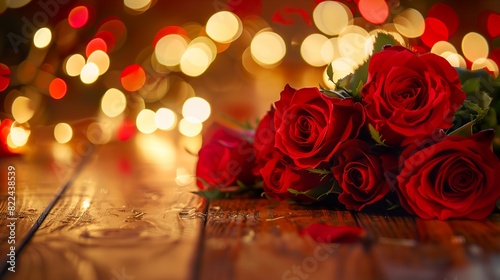 Red roses on a wooden table with bokeh lights in the background ,Red roses on a wooden table with bokeh lights in the background
