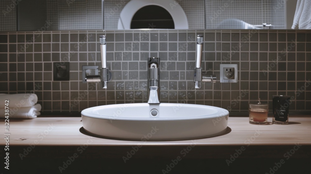 Fototapeta premium round mirror in the composition to contextualize the sink and countertop. generative ai