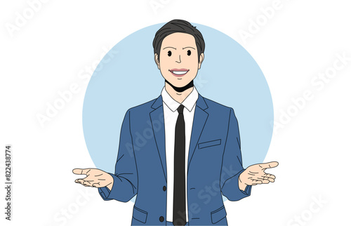 close up portrait of a handsome young Asian man in a business suit,
who is giving a presentation in front with both hands raised.