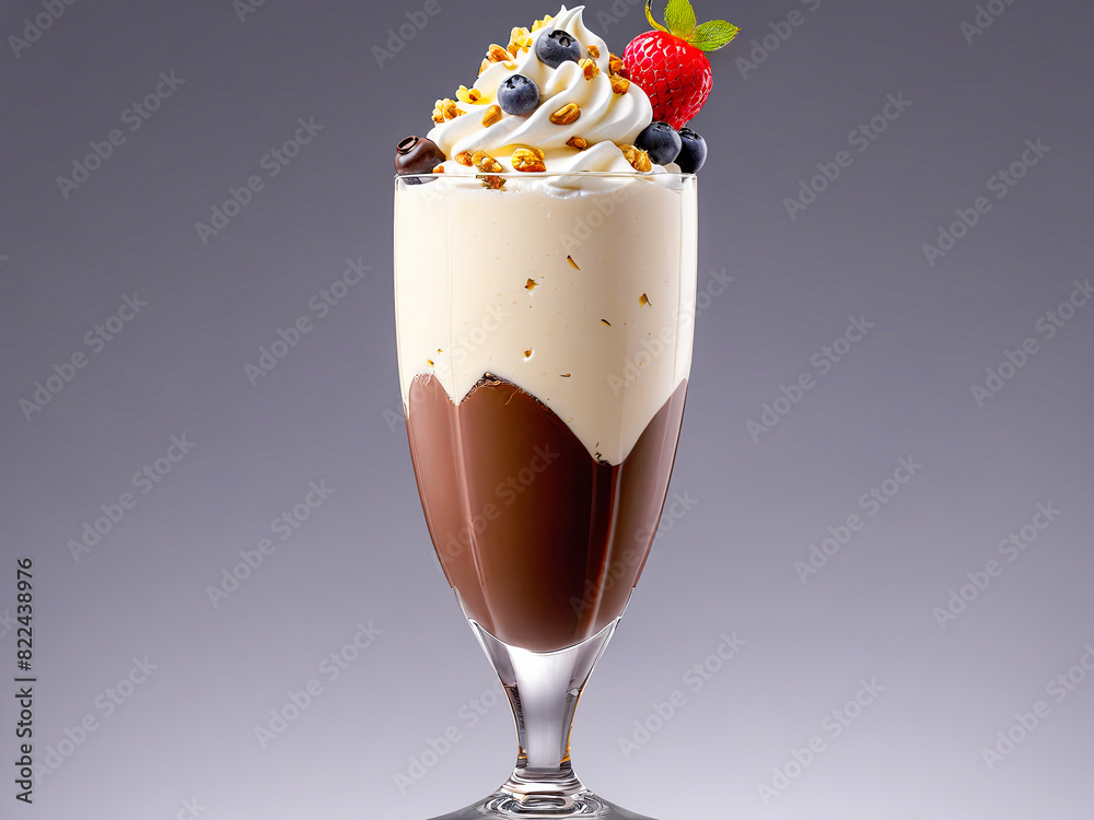 Cocoa Chocolate Ice Cream Glass. Chocolate ice cream sundae over grey backgroun Cocoa Chocolate Ice Cream Glass. Chocolate ice cream sundae over grey backgroun