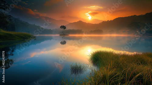 A serene landscape with a colorful sunrise over a calm lake with a small island