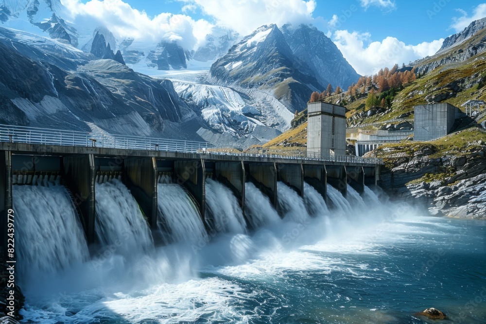Fototapeta premium Hydroelectric Dam with Water Cascading Down - Mountainous Landscape
