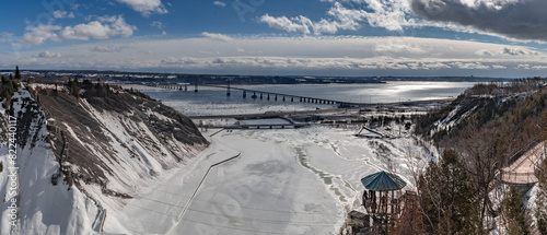 Panoramic view from the top of Montmorency Falls in winter