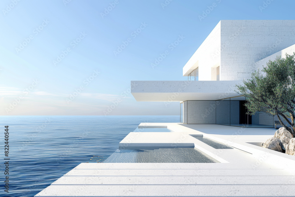 Fototapeta premium Modern buildings by the lake. Empty architectural background. 