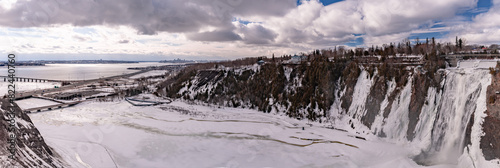 Panoramic view from the top of Montmorency Falls in winter