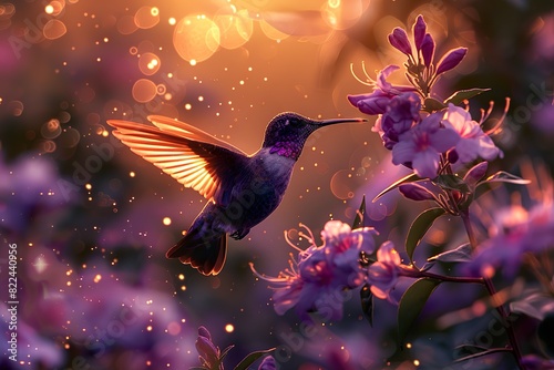 create a magical purple atmosphere  portraying a hummingbird flying in the center  surrounded by flowers and leaves  golden light coming from the sky in a violet 