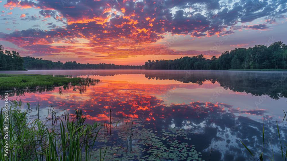 A serene landscape with a colorful sunrise over a calm lake 