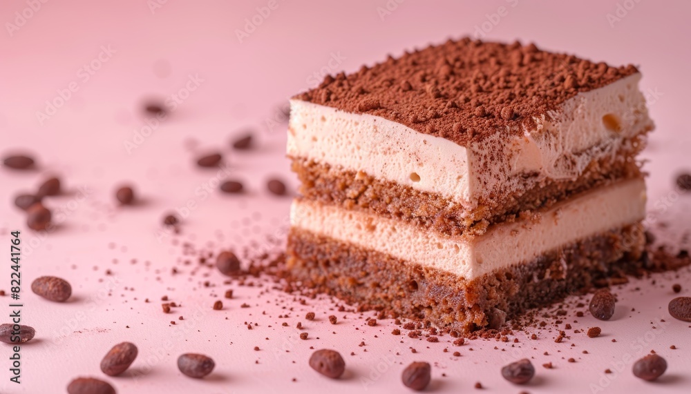 Delicious tiramisu cake on a pink background, garnished with cocoa powder and chocolate chips, perfect for dessert lovers. Delicious tiramisu cake on a pink background, garnished with cocoa powder and chocolate chips, perfect for dessert lovers.