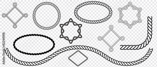 Nautical rope knots and frames. Swaying black nautical rope border. Vector isolated on transparent background. eps 10.