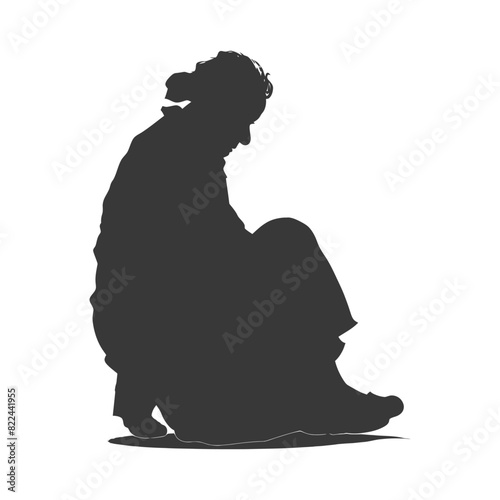 Silhouette sad elderly woman sitting alone depressed sitting black color only