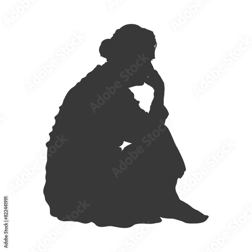 Silhouette sad elderly woman sitting alone depressed sitting black color only