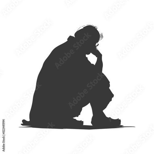 Silhouette sad elderly woman sitting alone depressed sitting black color only