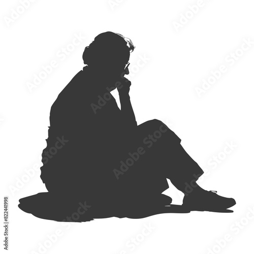 Silhouette sad elderly woman sitting alone depressed sitting black color only