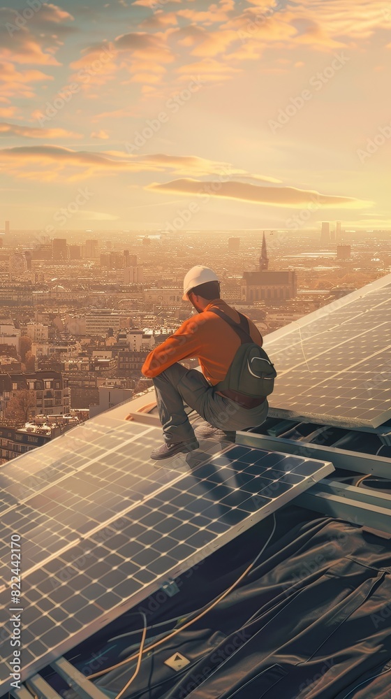 A worker wearing a hard hat and backpack sits on solar panels, looking at the cityscape during golden hour. A worker wearing a hard hat and backpack sits on solar panels, looking at the cityscape during golden hour.