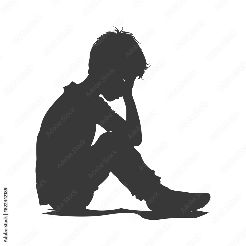 Silhouette sad little boy sitting alone depressed sitting black color only