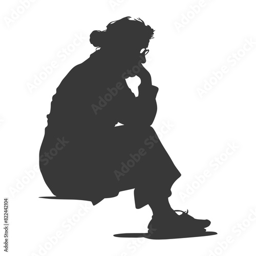 Silhouette sad elderly woman sitting alone depressed sitting black color only